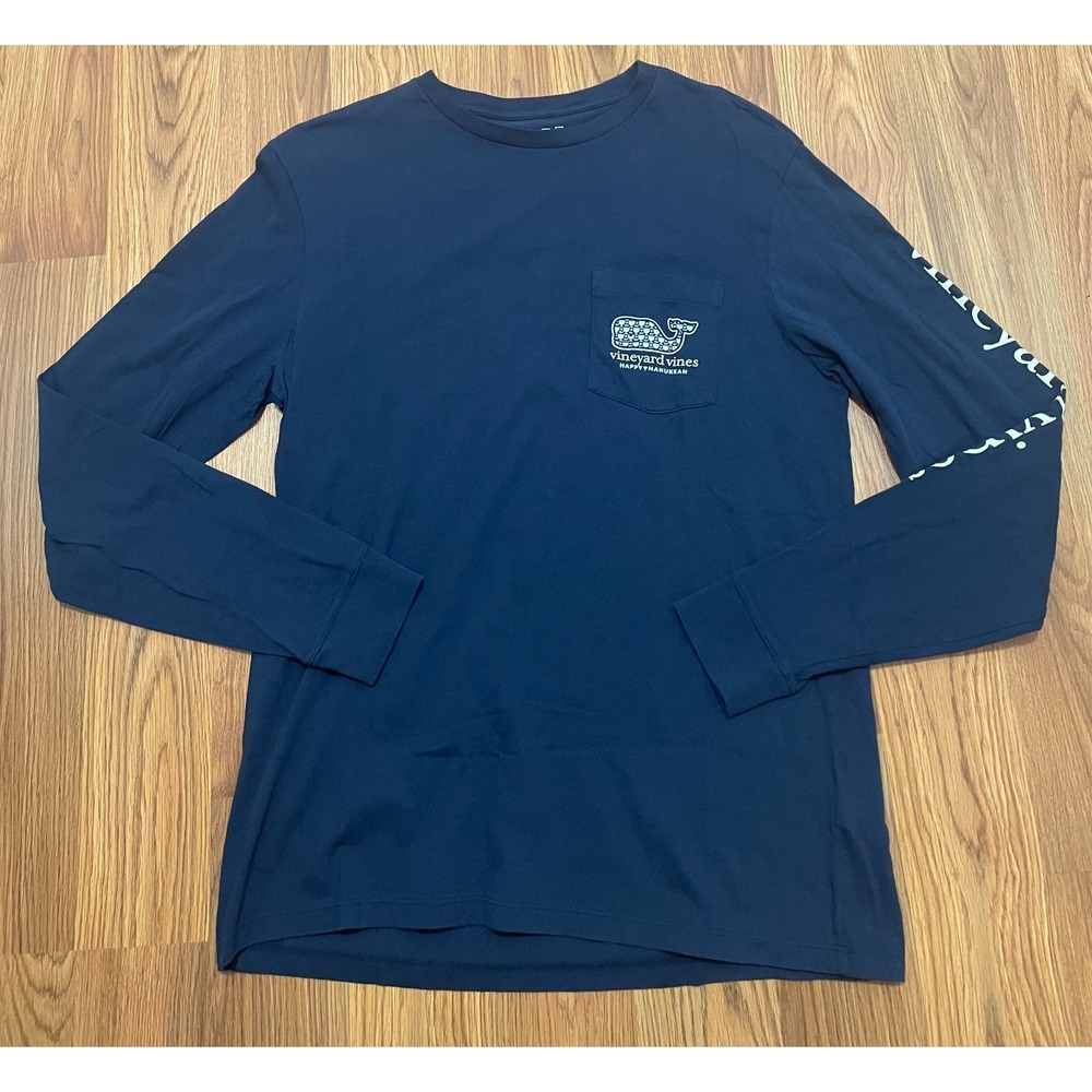 Vineyard Vines Hanukkah Whale Graphic T-Shirt Mens Small Long Sleeve Navy